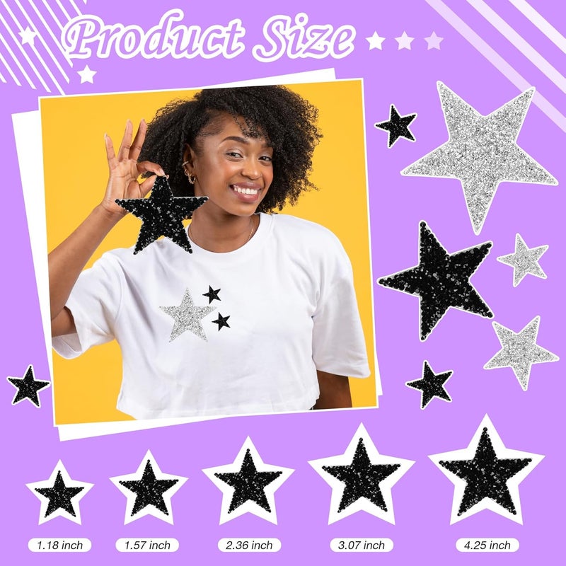 Torc 64Pcs Iron On Glitter Star Patches - Silver Rhinestone No Sew Appliques for Hats, DIY Crafts, Girly Fashion Accessories for Jeans, Shirts, Jackets, Iron On Patches (Silver & Black, Mixed Size) - Image 2